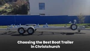 Boat trailer parked at a Christchurch marina with a boat securely loaded