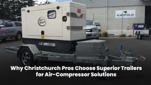 Heavy-duty air-compressor trailer by Superior Trailers operating at a Christchurch construction site