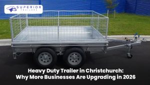 Heavy duty trailer in Christchurch transporting equipment and materials for commercial and industrial business operations.