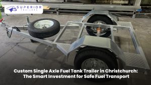 Custom single axle fuel tank trailer in Christchurch designed for safe fuel transport with a durable steel frame, secure fuel tank, and heavy-duty towing system.