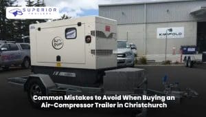 Air-compressor trailer parked in Christchurch, highlighting durable construction for commercial and industrial use.
