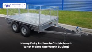 Heavy duty trailer in Christchurch with a strong build for transporting heavy equipment and materials.